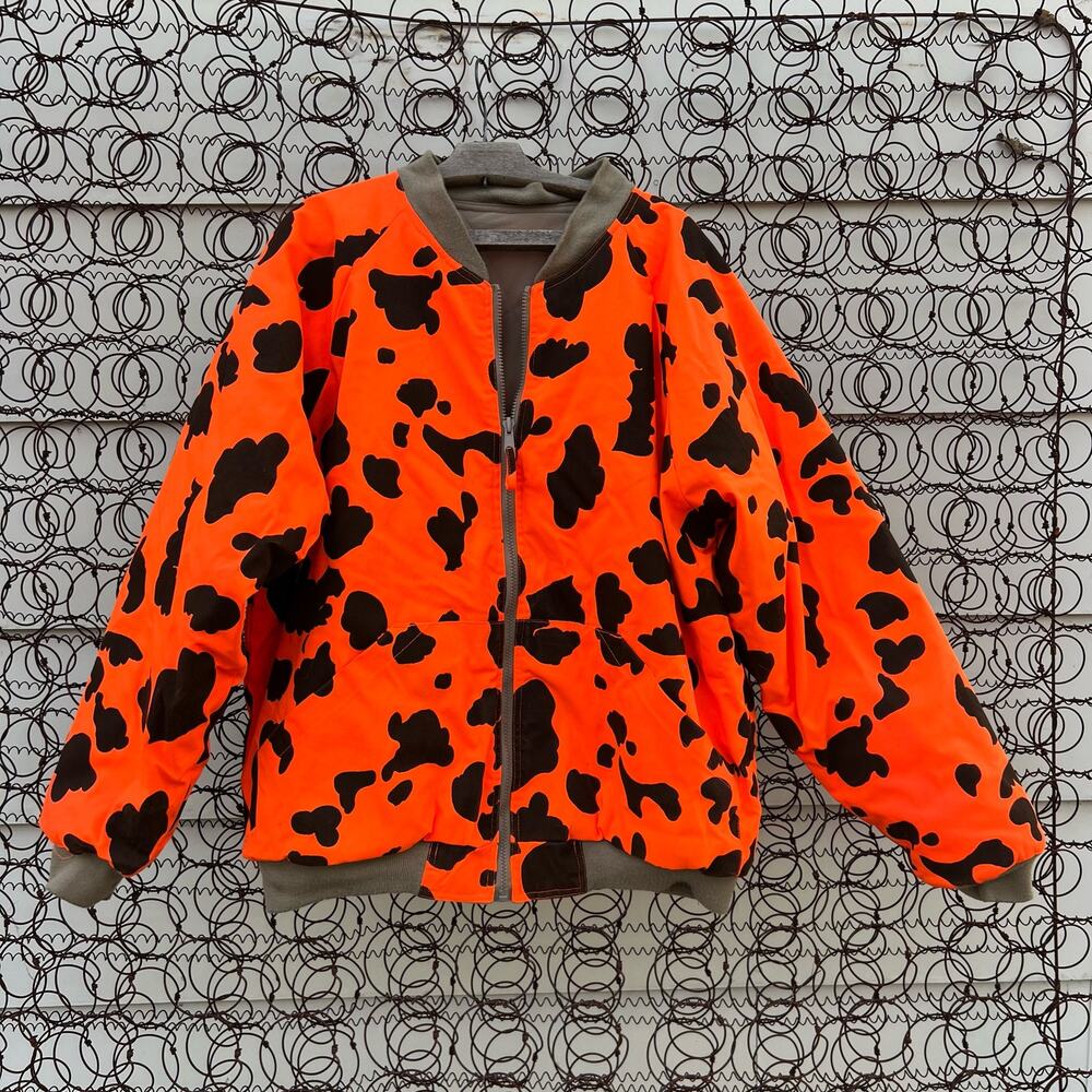VTG Avid Outdoor Orange Black Spot Camo Reversible Fleece Hunting Coat Jacket XL